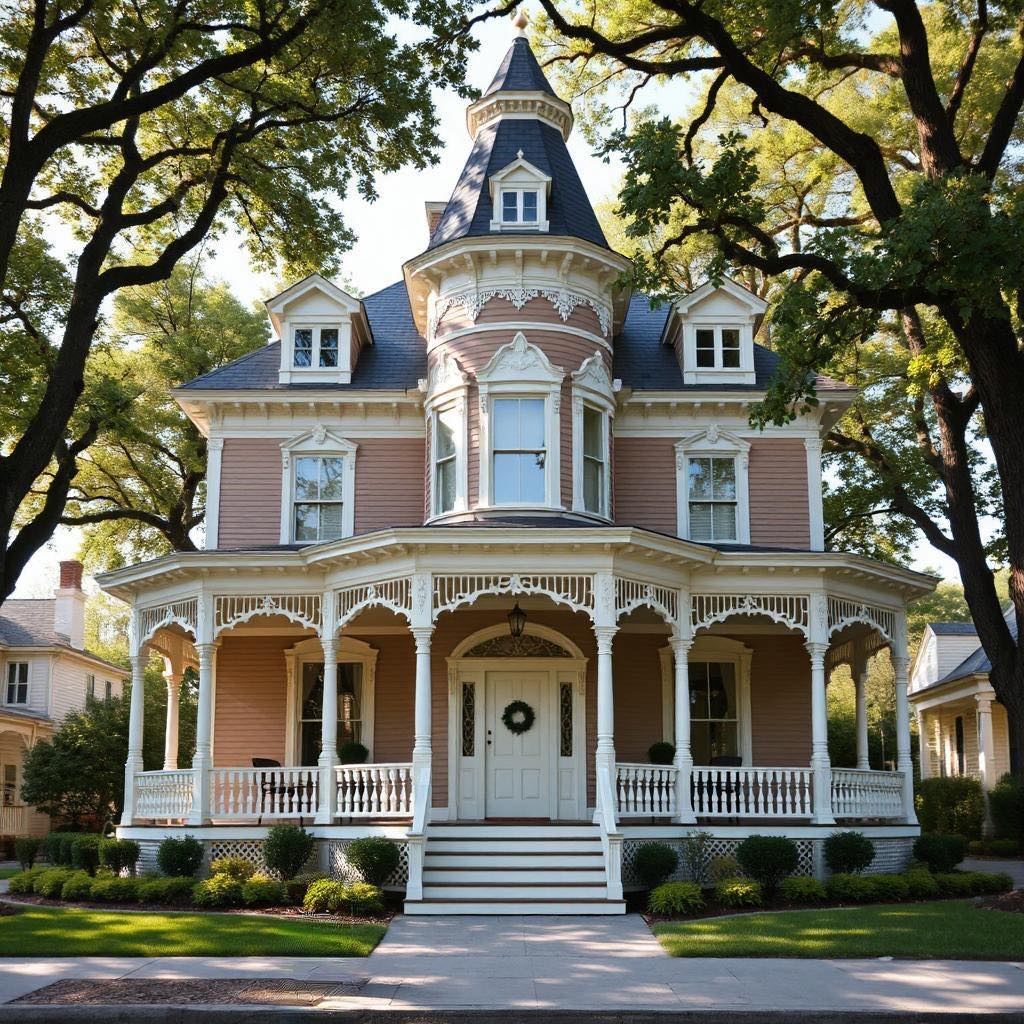 Pink Victorian mansion with white decorative trim, front porch, and tower surrounded by large trees