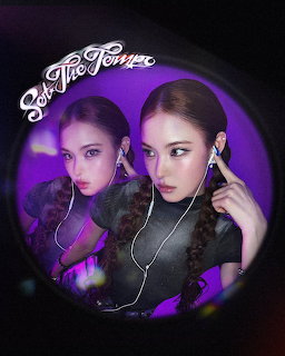 Two portraits of a young woman with braids and earphones inside a purple circular frame on dark background