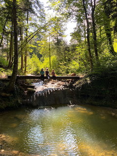 Two people on a wooden bridge over a small waterfall in a sunlit green forest