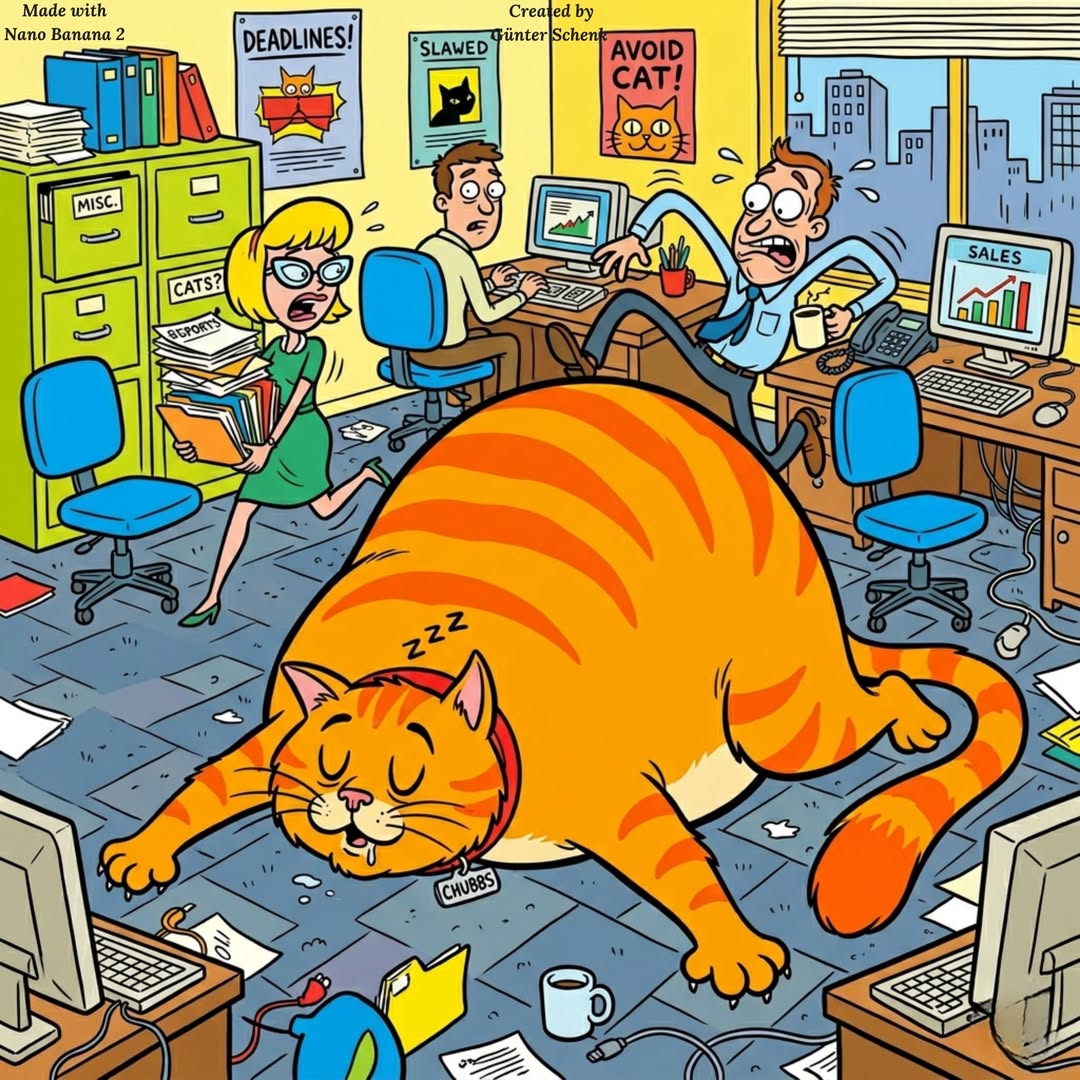 Large orange cat napping in office with people working at desks