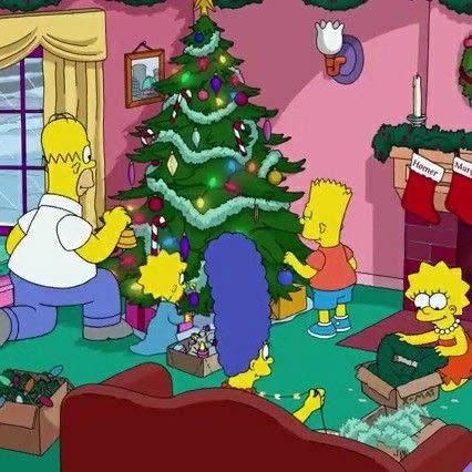 Simpsons family decorating Christmas tree in pink living room