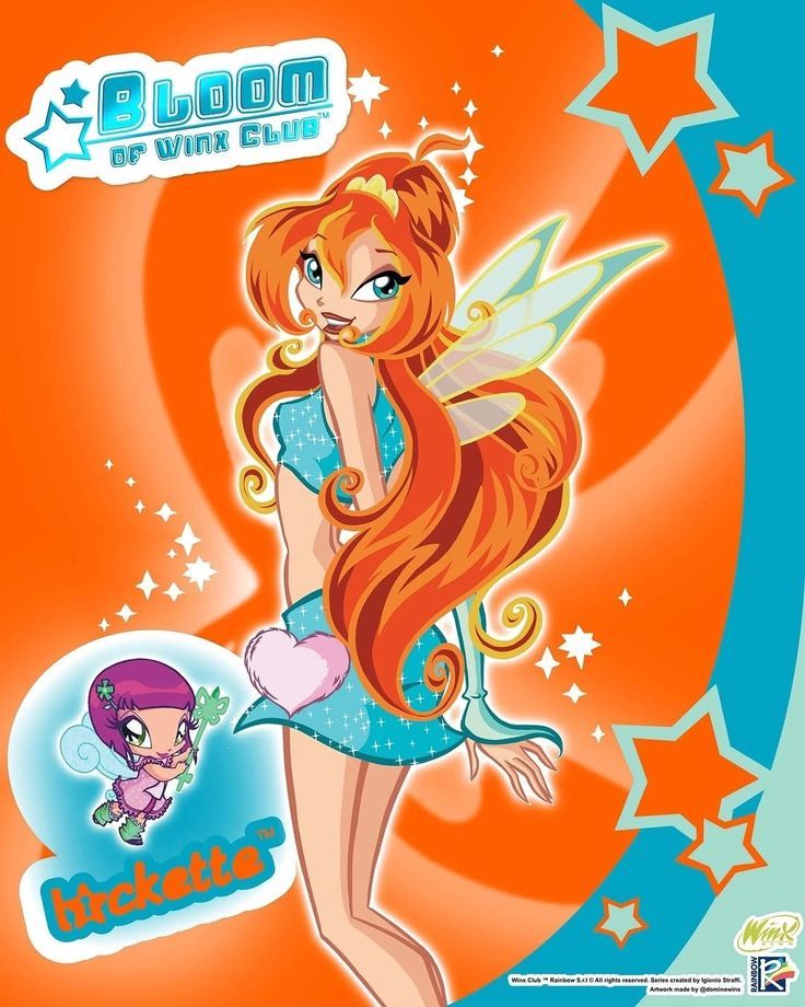 Cartoon fairy character with orange hair and blue outfit alongside small purple companion on colorful star background