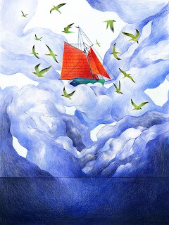 Surreal drawing of a red sailboat with green birds in swirling blue clouds or waves
