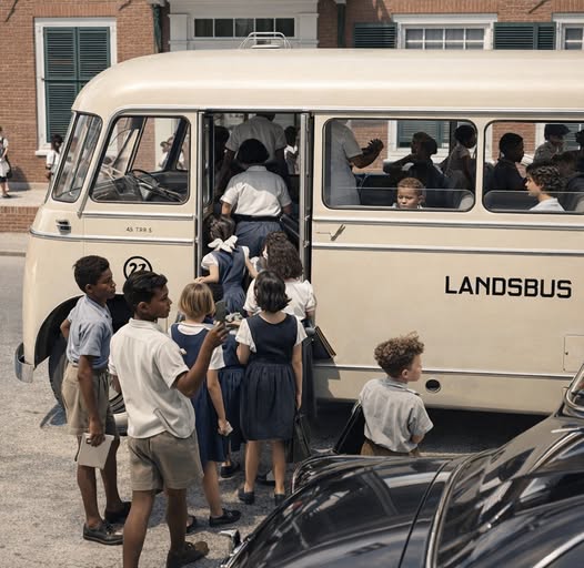 Children Boarding Vintage Landsbus