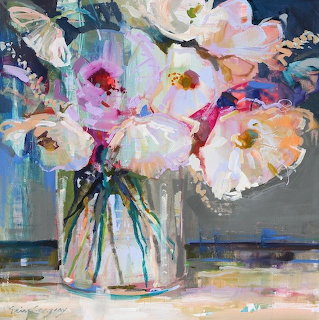 Abstract painting of pink and white flowers in a glass vase with loose, impressionistic brushstrokes