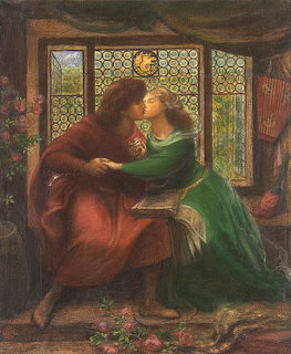 Pre-Raphaelite painting of a seated couple embracing indoors near leaded windows and flowers