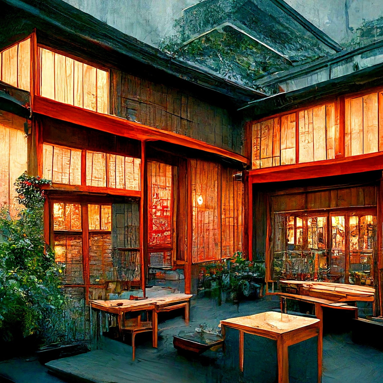 Traditional Japanese restaurant courtyard with warm lighting, wooden walls, paper lanterns, and wooden furniture