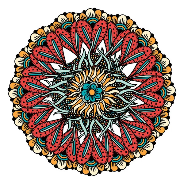 Circular mandala with intricate red, blue, and cream geometric patterns radiating from turquoise center