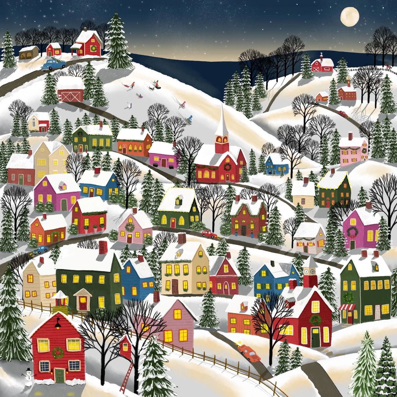 Colorful snowy village at night with houses, trees, roads, and a bright moon