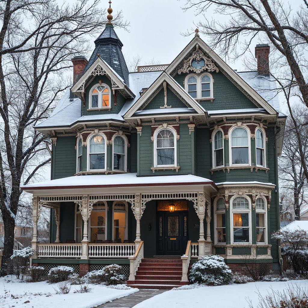 Snow-covered Victorian house with turret and ornate porch in winter landscape