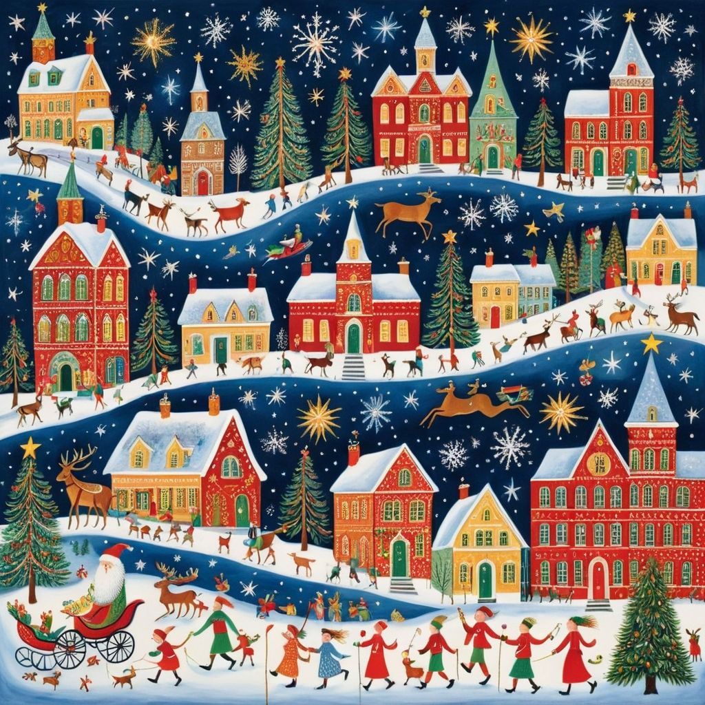Illustrated Christmas village with colorful houses, people skating and caroling, snowflakes and stars on blue background
