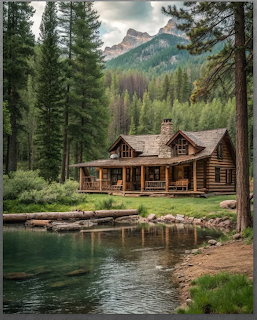 Rustic log cabin with stone chimney beside a calm pond, surrounded by pine trees and mountain landscape