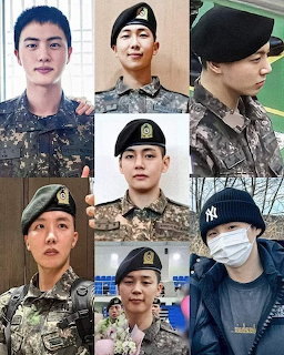 Collage of BTS members wearing Korean military uniforms and berets during service