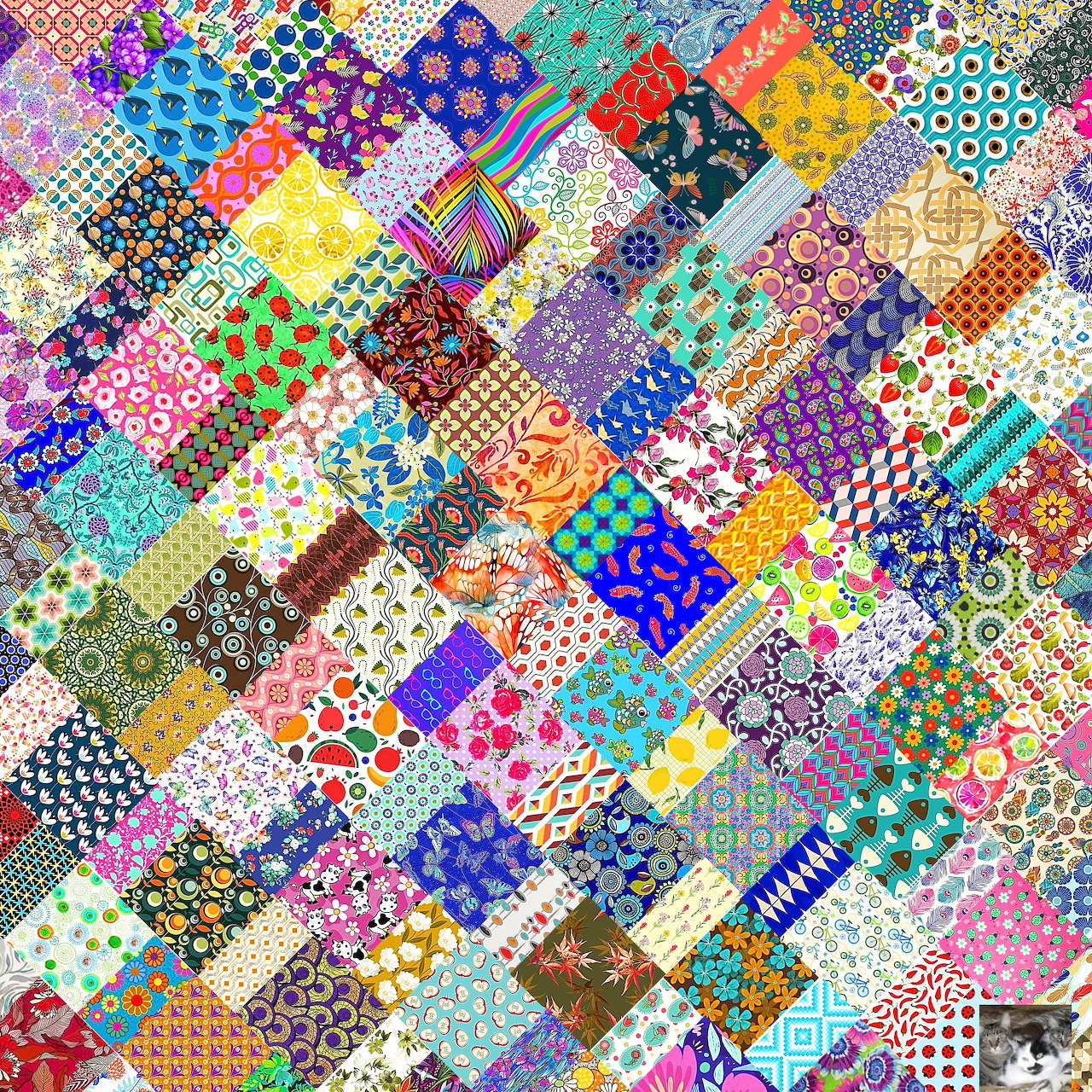 Diagonal patchwork of colorful fabric squares with various floral, geometric, and decorative patterns