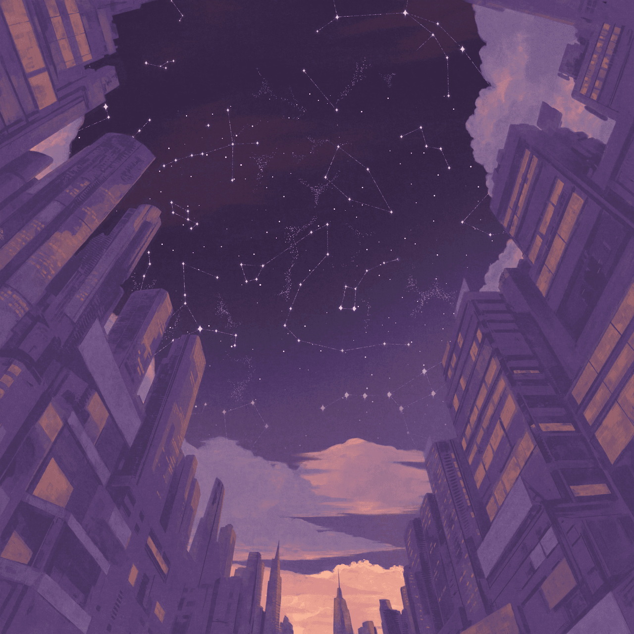 Upward view of starry night sky between tall purple city buildings with glowing windows