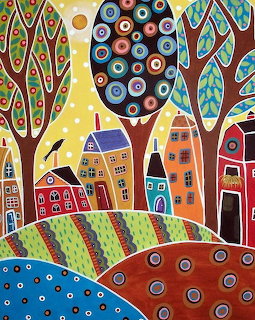 Colorful folk art painting with patterned trees, small houses, and geometric landscape in bright hues