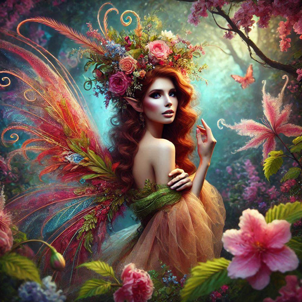 Fantasy fairy with red hair, colorful feathered wings, and flower crown in a magical garden