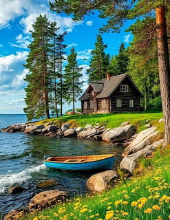 Rustic wooden cabin by lake with blue boat, pine trees, rocks, and yellow flowers on sunny day
