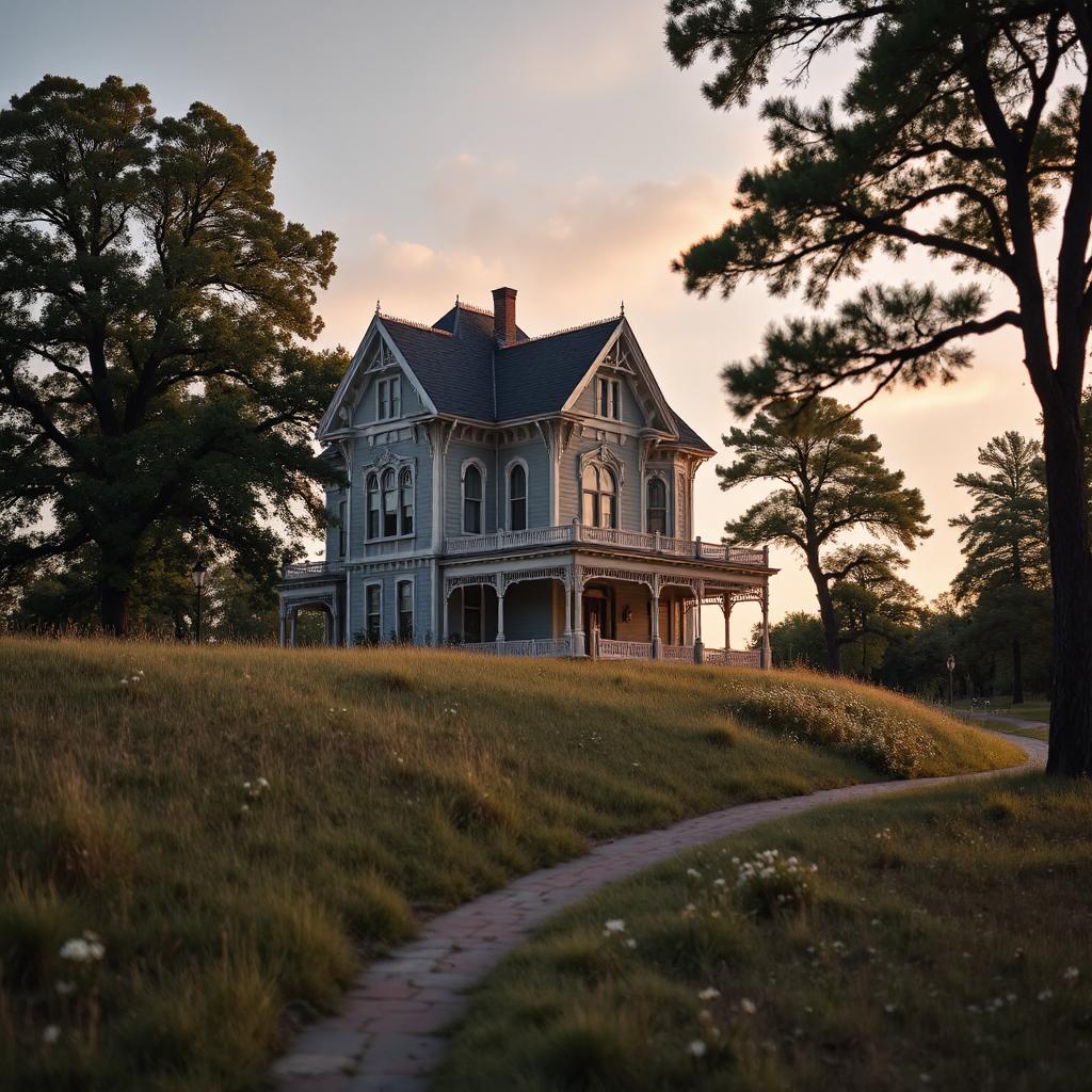 Victorian house on a grassy hill with a winding path and tall trees at dusk