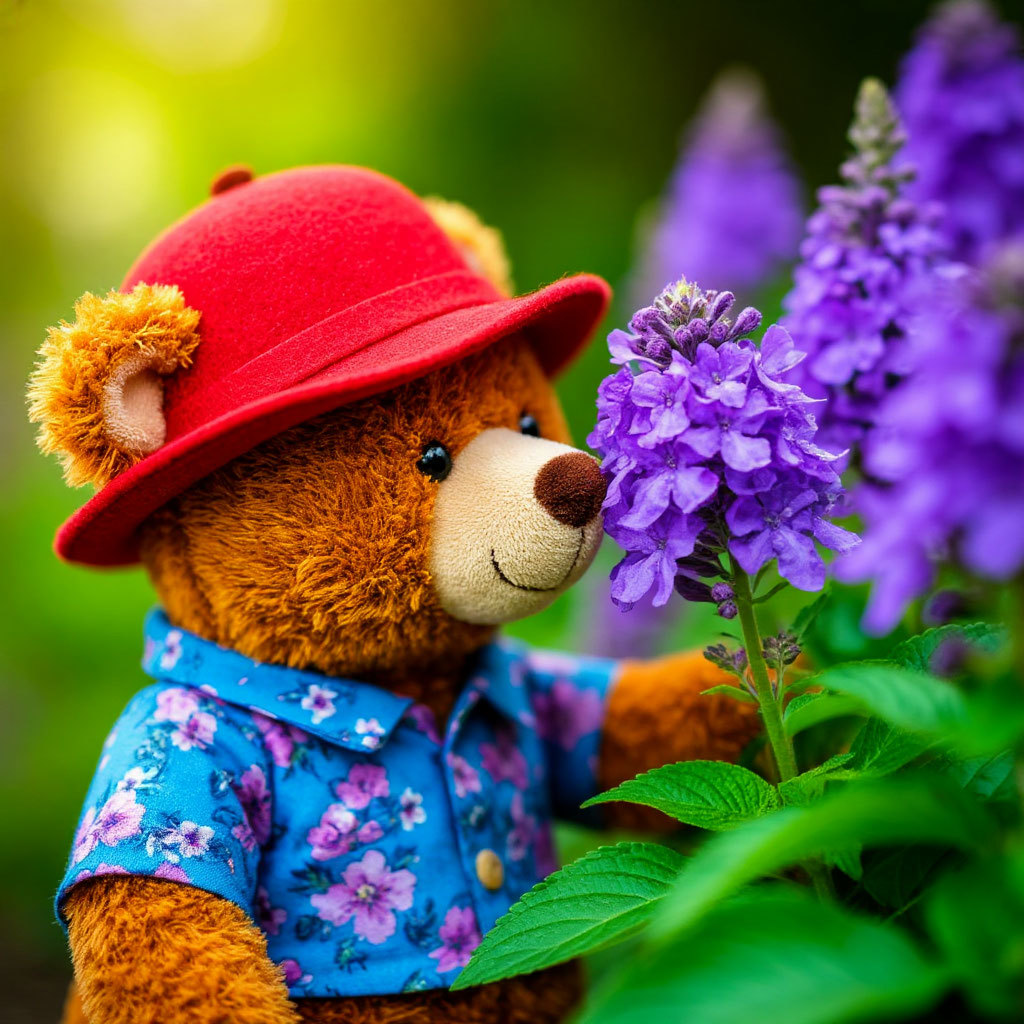 Teddy bear in red hat and blue floral shirt smelling purple flowers in garden