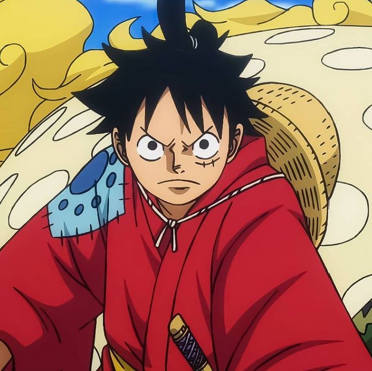 Anime portrait of Luffy from One Piece in red robe with straw hat and intense expression