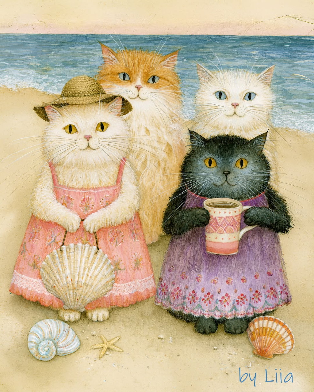 Four cats in dresses on a beach, with seashells and ocean waves in the background