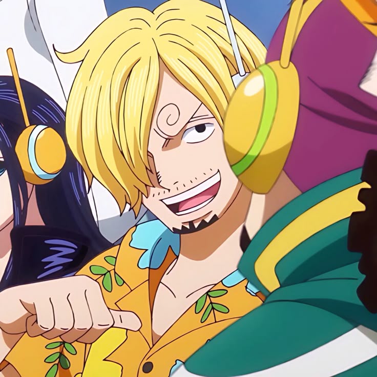 Anime character Sanji with blonde hair in yellow and green outfit, distinctive curled eyebrow, energetic expression