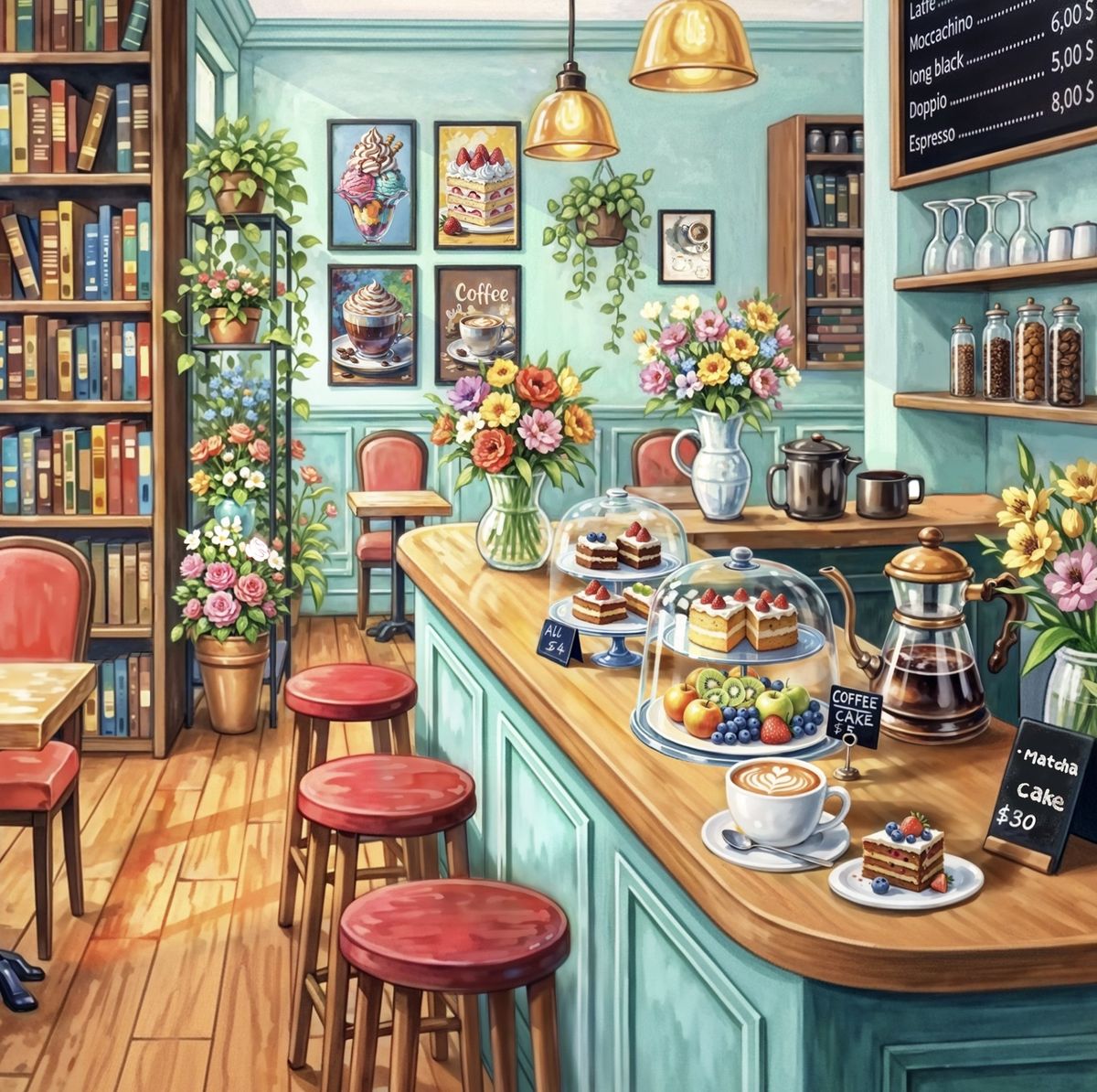 Cozy illustrated cafe with turquoise counter, bar stools, bookshelves, flowers, and desserts
