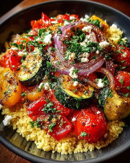 Bowl of roasted Mediterranean vegetables with zucchini, pepers, tomatoes, and red onions over couscous topped with feta
