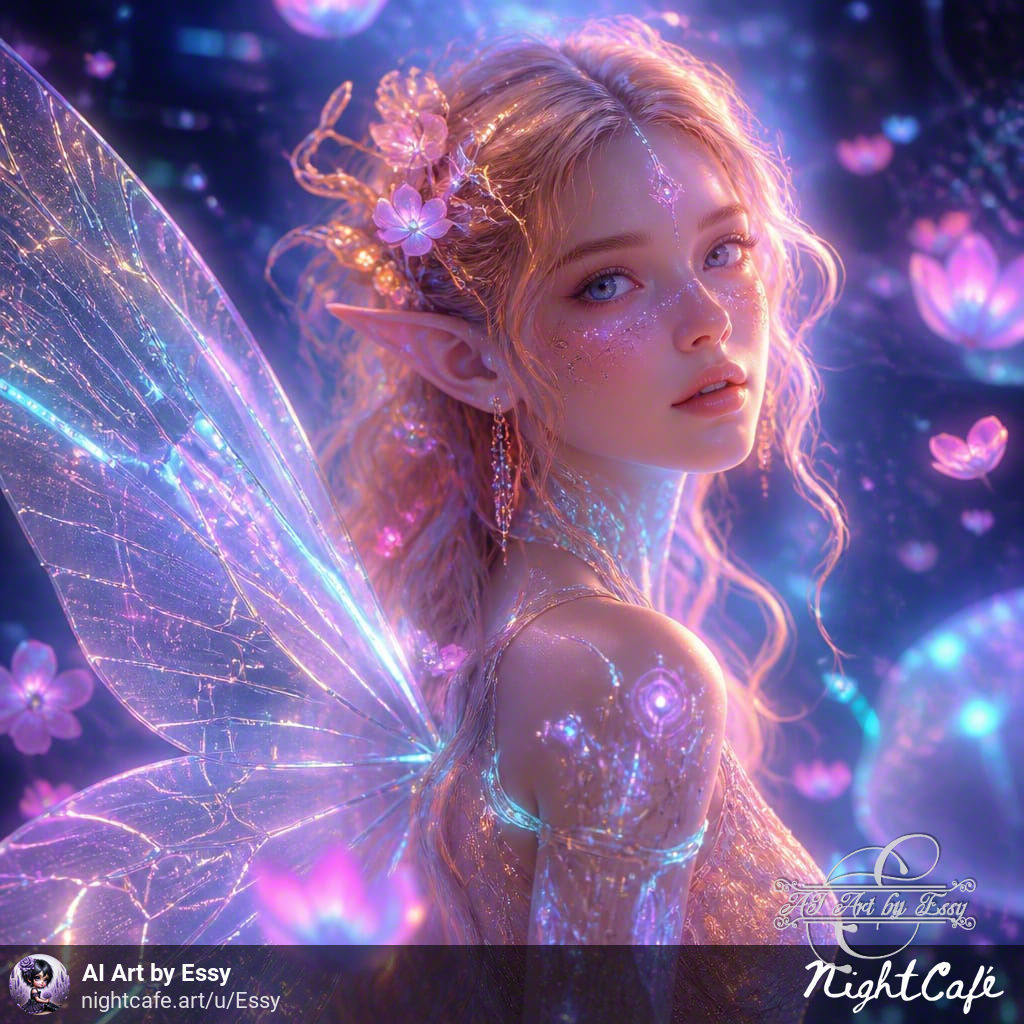Fantasy fairy with luminous wings and purple flowers in magical glowing setting
