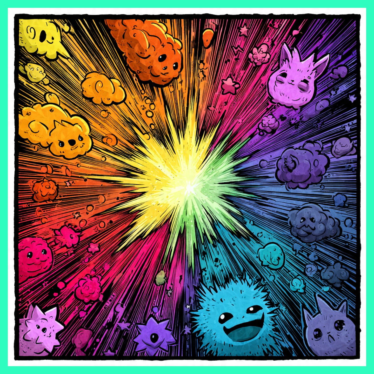 Cartoon rainbow color wheel with a bright center and cute colorful blob characters around the edges