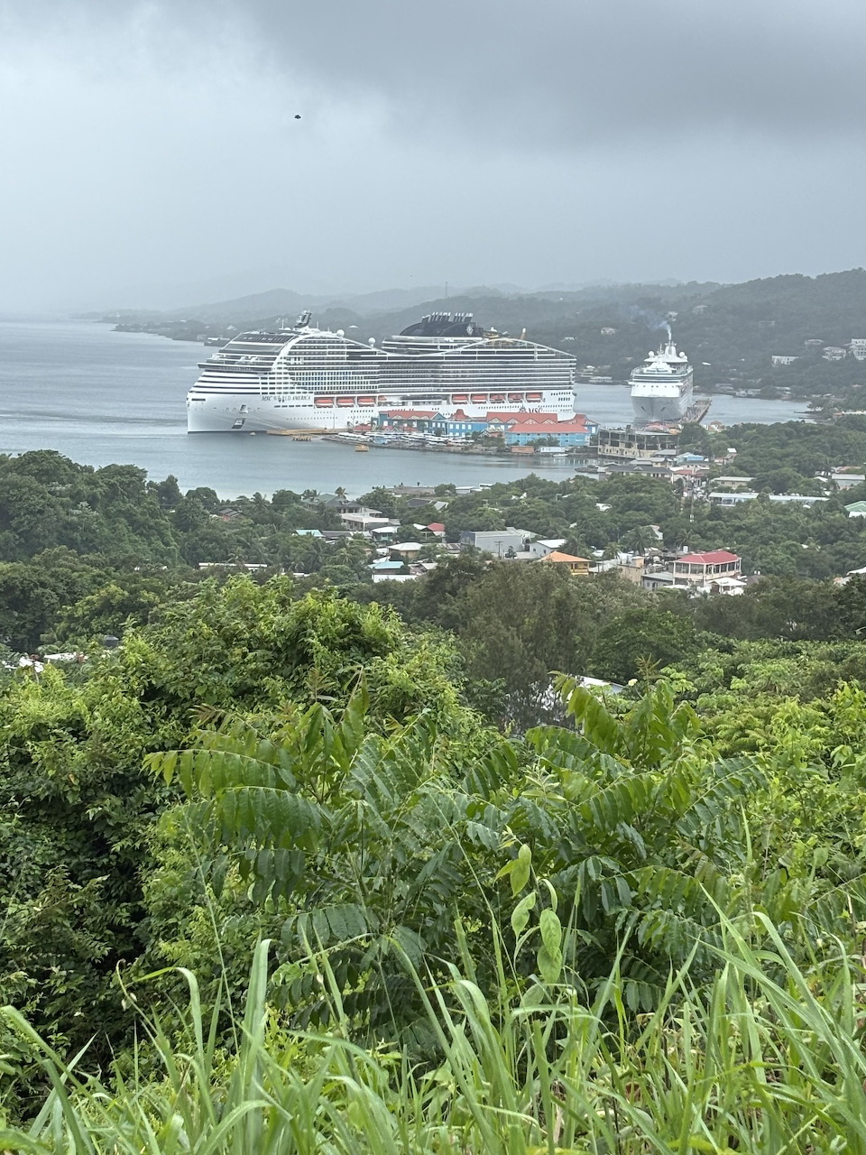 Aerial view of a cruise ship docked at a tropical port town surrounded by green hills and overcast sky.