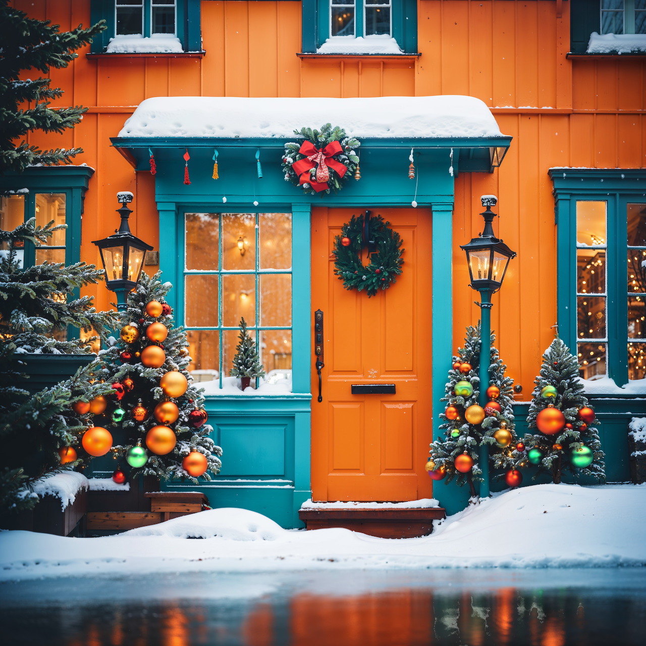 Orange house with turquoise door decorated with Christmas wreaths, ornaments, and snow-covered evergreens