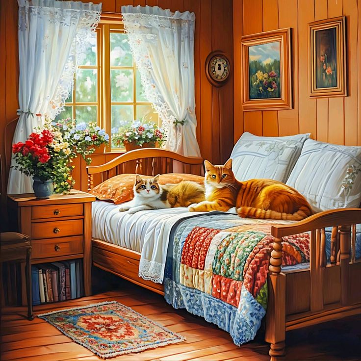Three orange cats resting on a wooden daybed in a cozy room with warm lighting and rustic decor