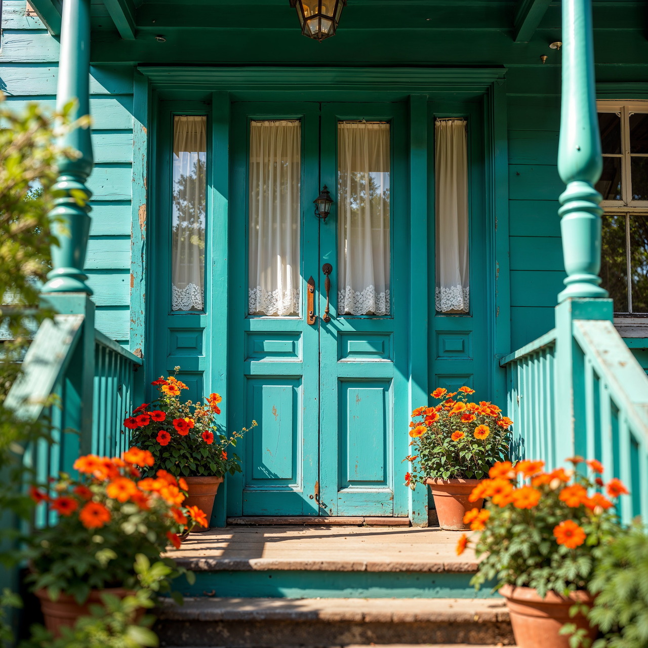 Turquoise double doors with lace curtains, orange flowers on porch steps