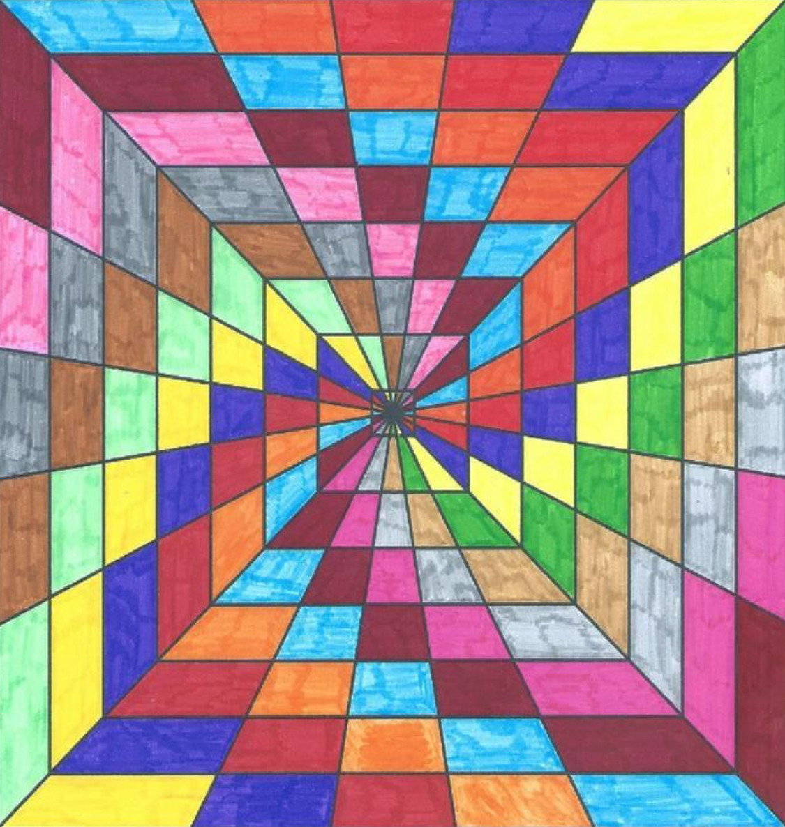 Colorful geometric tunnel with converging perspective lines made of rainbow-colored squares and rectangles