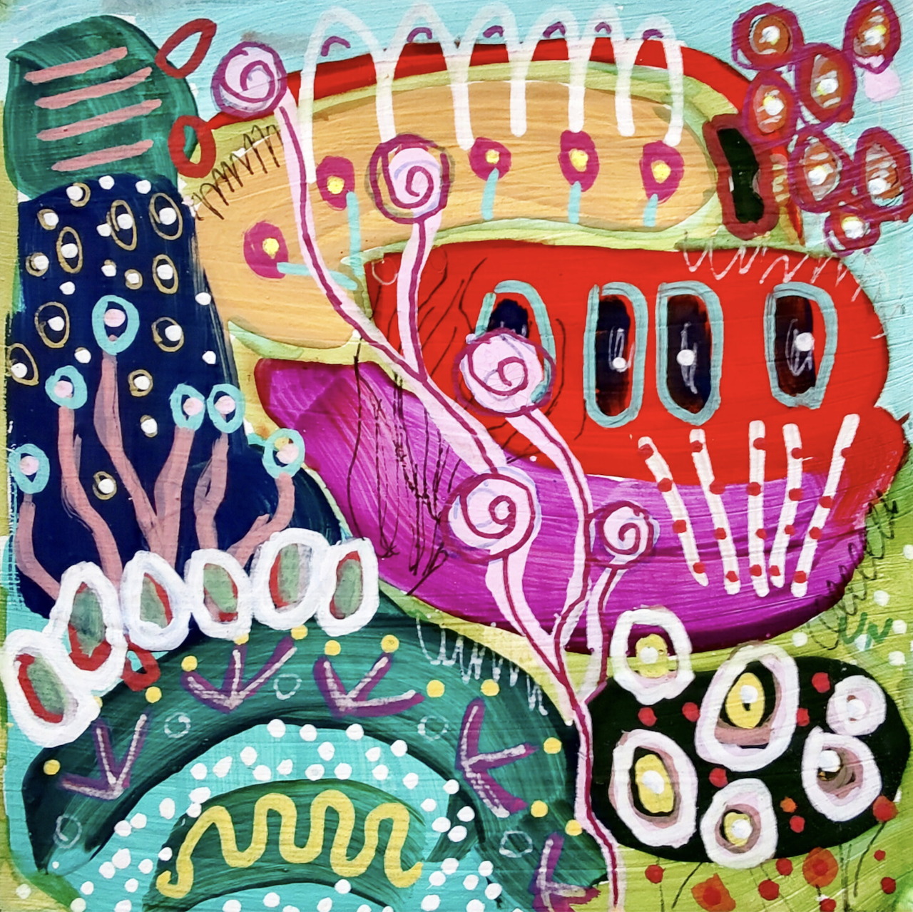 Colorful abstract art with swirls, dots, stripes and geometric patterns in red, purple, teal and yellow