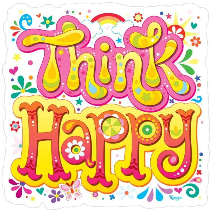 Colorful hand-lettered Think Happy text with playful doodles, flowers, stars, and rainbow accents on white background