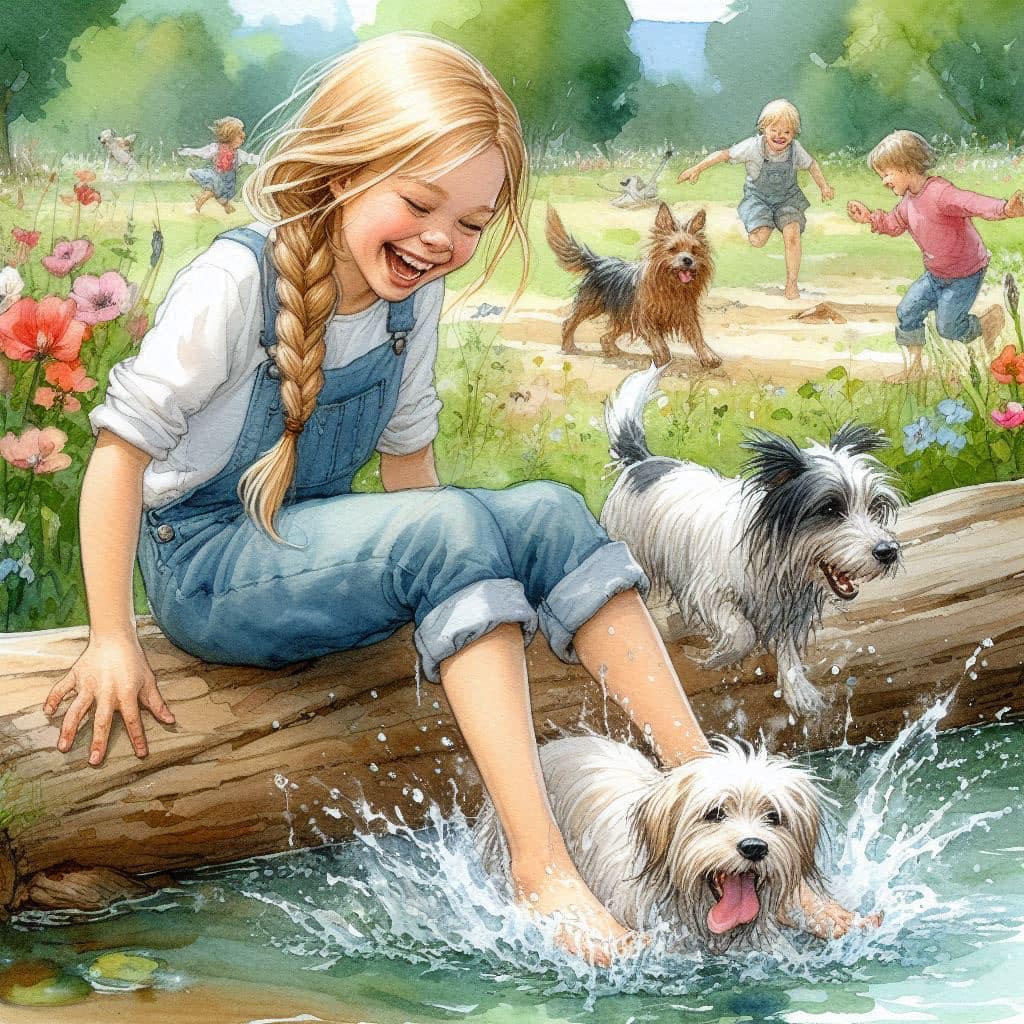 Young girl laughing as two small dogs play and splash in water near a log, garden setting with flowers in background