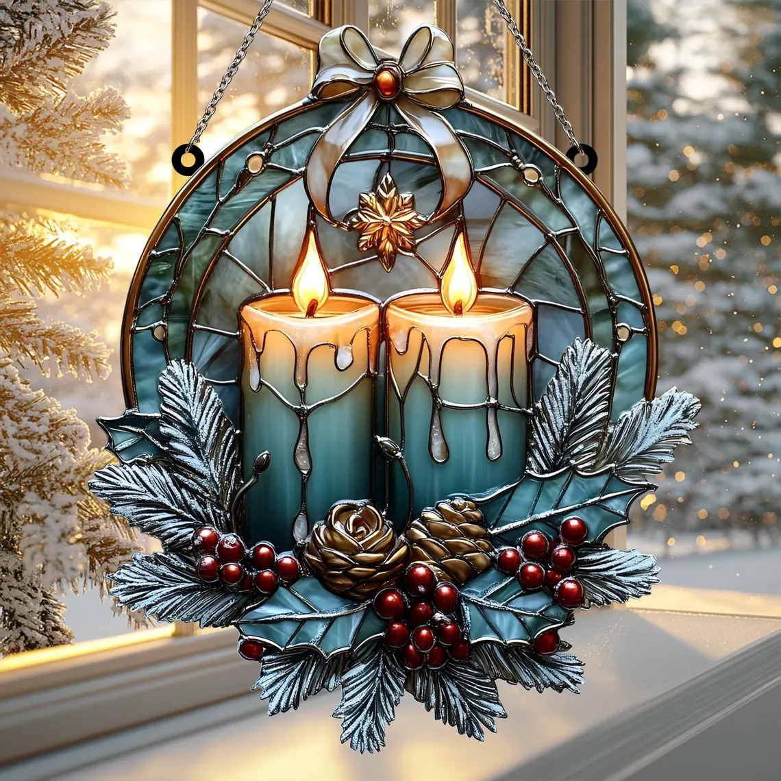 Teal candles in ornate circular suncatcher with winter foliage and pinecones hanging in sunny window