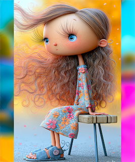 Cartoon girl with big blue eyes and wavy hair sitting on bench in floral dress