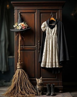 Wooden wardrobe with witch's hat, white dress, broom, and black cat sitting beside boots in dim lighting