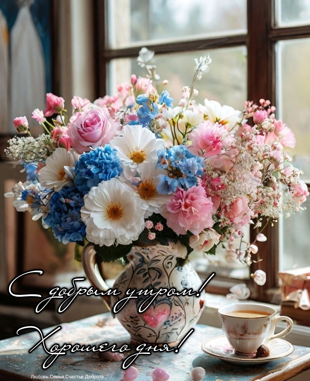 Pastel flower bouquet in a vase by a window with a teacup on the table