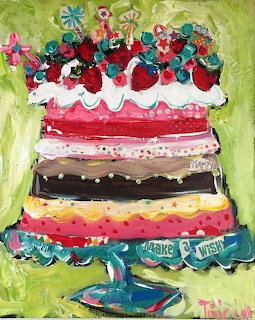 Vibrant painting of a multi-layered cake topped with berries and flowers on a green stand