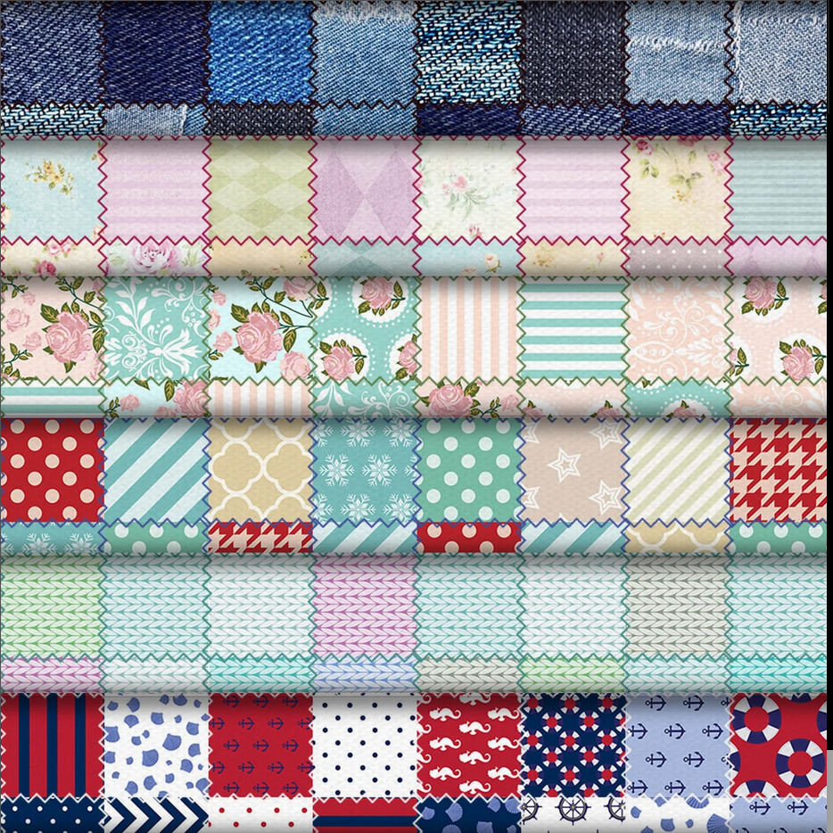 Colorful patchwork grid with denim, floral, polka dot, stripe and geometric fabric pattern squares