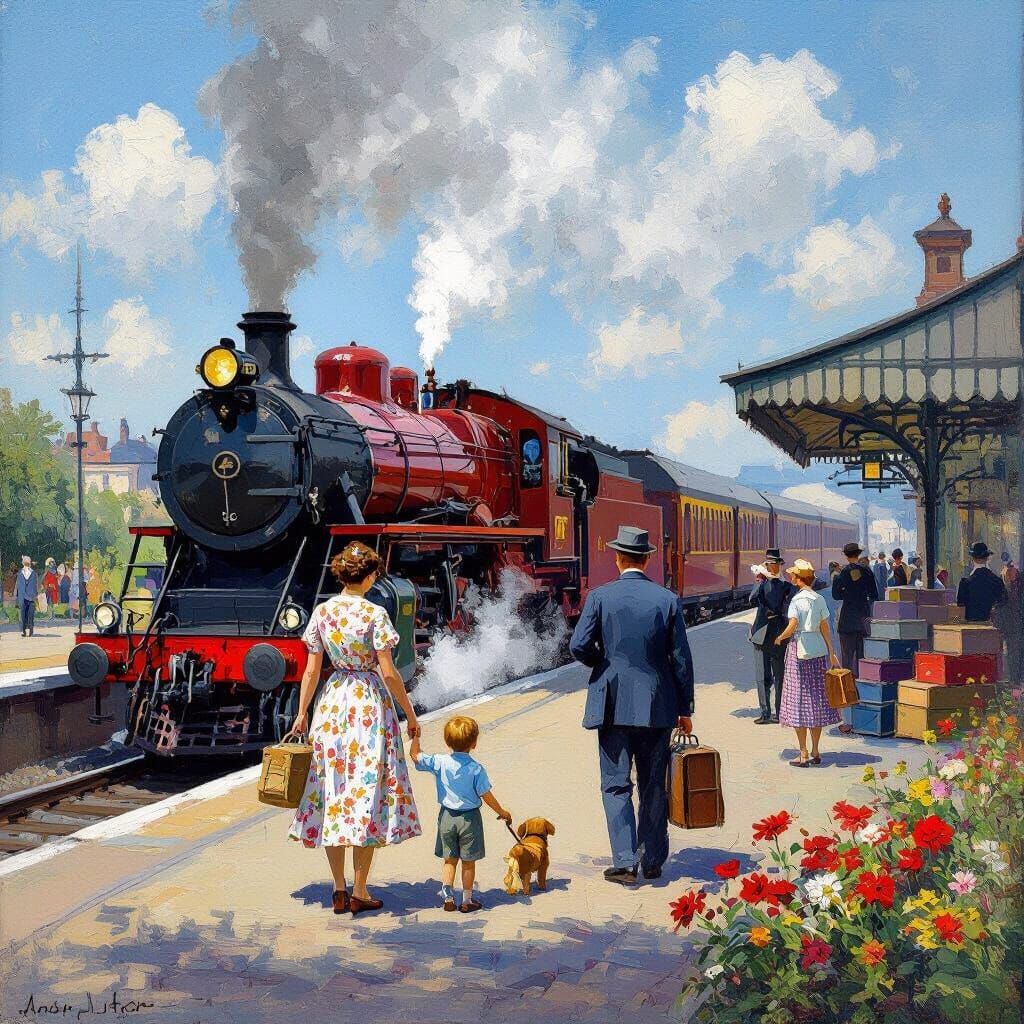 Painting of a vintage steam train at a station platform with people, luggage, and flowers