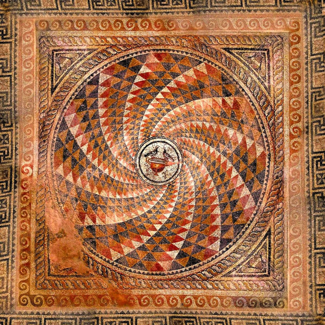 Ancient Roman mosaic with a spiral geometric pattern and decorative border