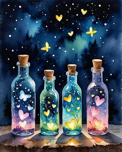 Glass bottles containing luminous butterflies and stars with gradient colors on dark background