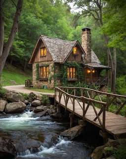 Stone cabin with wooden bridge over creek in green forest, warm lights glowing from windows at dusk