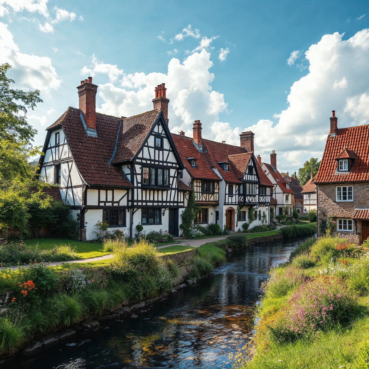 Historic half-timbered houses with Tudor-style architecture beside a narrow canal on a sunny day